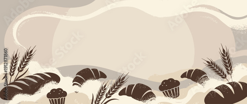 Panoramic Vector Banner Illustration of a Bakery with Silhouettes of Fresh Bread, Croissants, Muffins, and Wheat Stalks on a Textured Background of Flour Dust and Swirls for Shop Header or Menu.