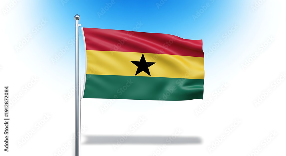 Naklejka premium Ghana national flag waving against a clear blue sky with white background.