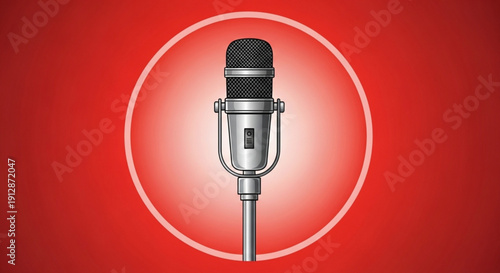 Vintage microphone on stand with red background and white circle