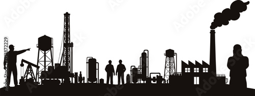 Industrial site with workers and machinery in a factory setting with smokestack