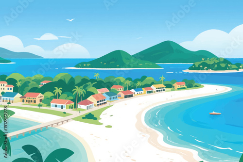Tropical coastal scene with sandy beach, colorful houses, palm trees, wooden pier, turquoise waters, and lush islands.