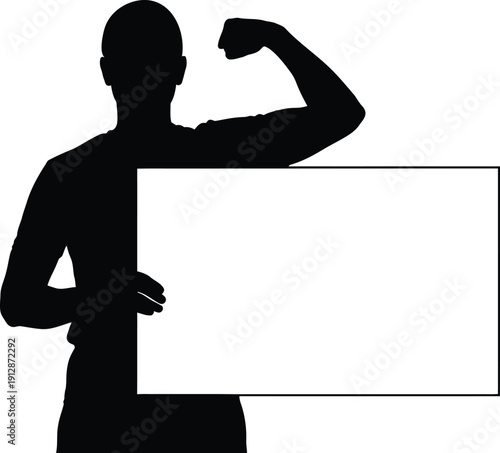Man holding blank sign flexing arm strong muscular gesture isolated 