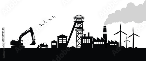Industrial landscape with excavator wind turbines and factory buildings with smokestack emitting smoke  industrialization and renewable energy concept