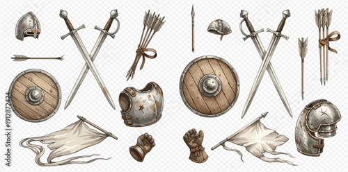 Medieval knight warrior battle equipment set including swords, shield, helmet, arrows, and armor pieces.