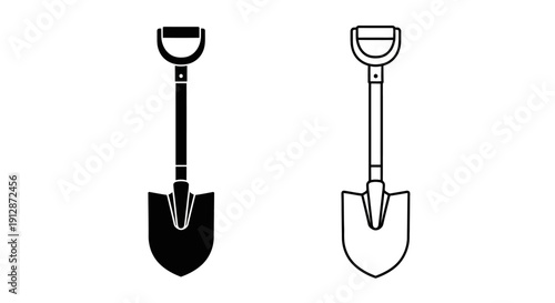Two shovels with different blade shapes, black and white, simple line art Vector