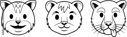 Three cartoon animal faces with distinct facial expressions and fur textures depicted in a simple line art style