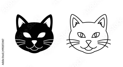 Tapety Black and white cat faces, stylized vector illustration, two feline heads, simple line art Vector