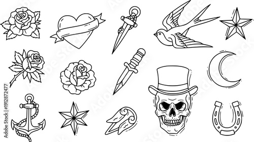A collection of traditional tattoo designs featuring skulls, flowers, and symbolic motifs in a classic black and white illustration style