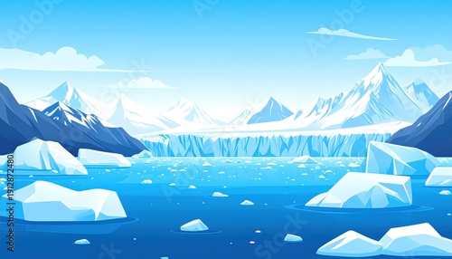 Arctic landscape with icebergs and mountains cartoon illustration.