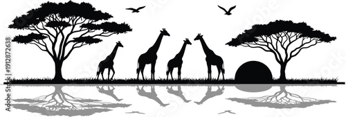 Silhouette of giraffes standing under trees by water with birds flying overhead in savannah