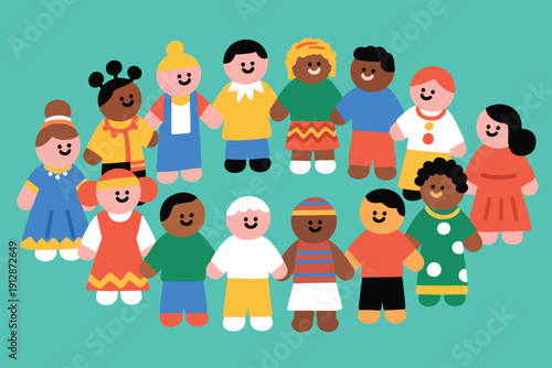 Group of diverse cartoon children smiling together, holding hands, representing unity, friendship, and cultural diversity.