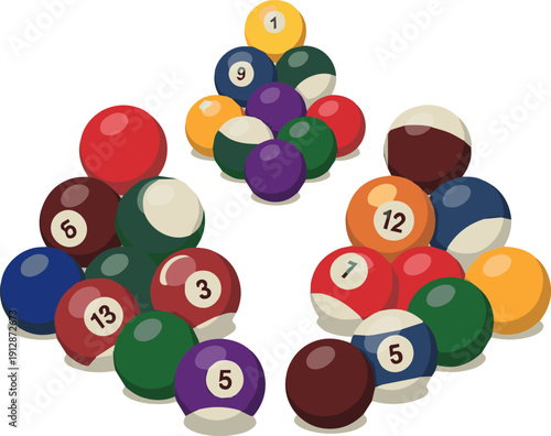 Create a kinds of deferent realistic Billiard pool balls pyramid isolated on white - 3d illustration vector art white background.