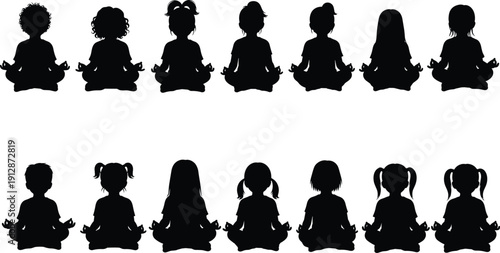 Black silhouettes of children meditating in lotus pose, diverse hairstyles, mindfulness, yoga, calm childhood wellness illustration set vector style