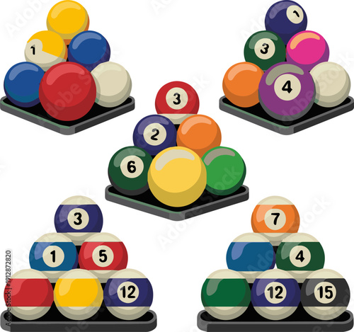 Create a kinds of deferent realistic Billiard pool balls pyramid isolated on white - 3d illustration vector art white background.