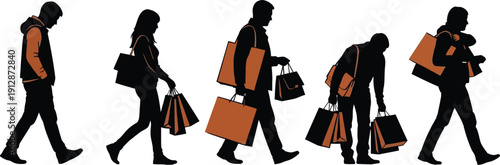 Silhouettes of people walking with shopping bags in various poses and directions outdoors