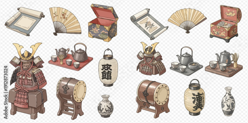 Collection of traditional Japanese cultural items including samurai armor, tea sets, fans, and scrolls.