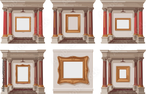 Create a realistic Museum with colonnade and empty golden frame on wall - 3d rendering vector art ..