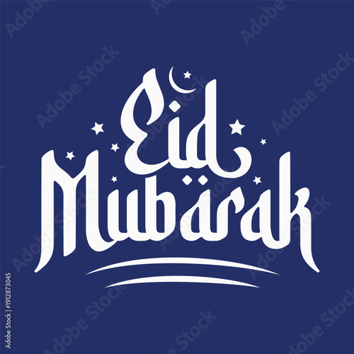 Eid Mubarak Arabic Calligraphy Lettering Design with Stars on Dark Background.  Eid Al-Adha, Eid Al-Fitr Islamic holidays celebration Greeting card, banner, poster, social media template design.