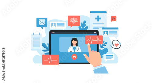 A hand interacts with a virtual doctor on a tablet screen, illustrating modern telehealth and online medical consultation services.