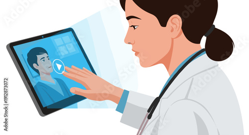 A female doctor in a white coat remotely consults with a male patient via a digital tablet, showcasing modern telemedicine and healthcare technology.