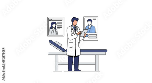 A dedicated male doctor in a white coat stands in a clean clinic examination room, providing expert medical care and consultation.