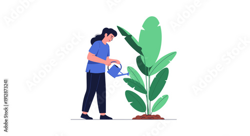 A dedicated woman nurtures a growing plant with a watering can, symbolizing care, growth, and sustainable gardening practices.