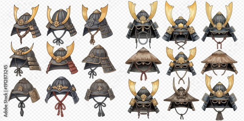 Collection of various traditional Japanese samurai helmets with different designs and colors.
