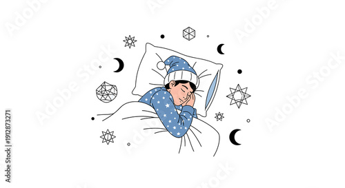 A peaceful individual peacefully sleeps in a cozy bed, surrounded by whimsical celestial and snowflake elements, depicting a serene winter night's rest.