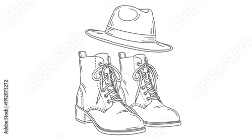 Monochrome drawing featuring a fedora hat and pair of fashionable ankle boots together
