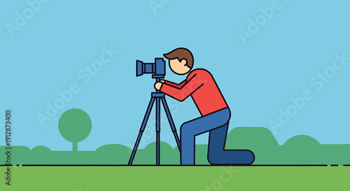 Man with Camera on Tripod Capturing Nature Scene Outdoors