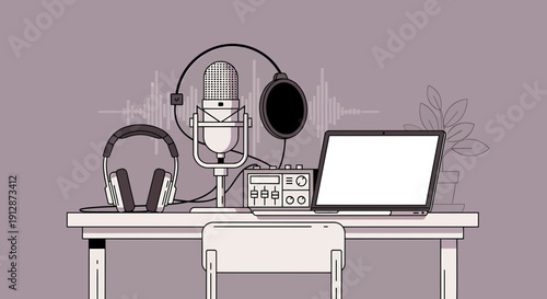 Podcast Studio Setup: Microphone, Headphones, Laptop, and Audio Mixer on Desk