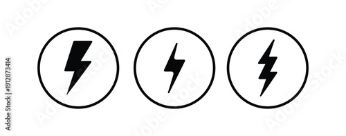 Black lightning bolt icons inside white circles, vector illustration set isolated on white background