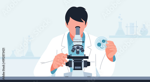 Scientist working in laboratory with microscope and petri dish