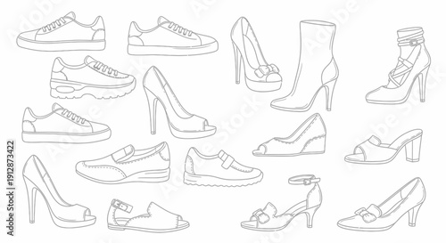 Elegant footwear collection of hand-drawn vector illustrations for fashion and design projects