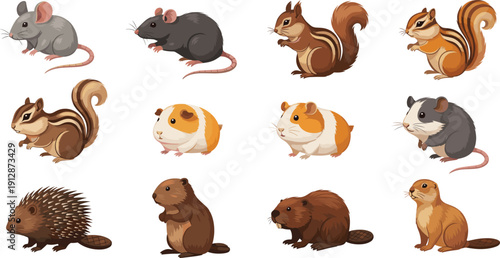 Cute Cartoon Rodents and Small Forest Animals Vector Set with Mouse Rat Squirrel Guinea Pig Beaver and Hedgehog Isolated on White Background