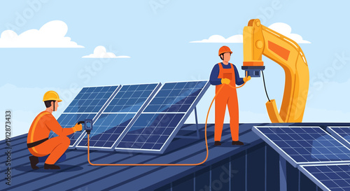 Solar Panel Installation: Workers and Excavator on Rooftop