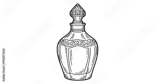 Elegant vintage perfume bottle line art illustration with intricate details and classic design