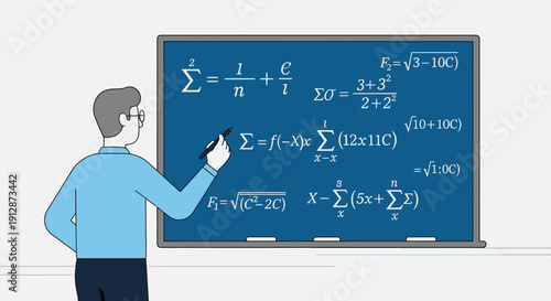 Teacher Writing Math Formulas on Blue Blackboard, Education Concept
