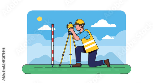 Surveyor Working with Total Station and Prism Pole on Construction Site