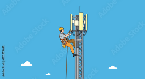 Technician working on cell tower, telecommunications maintenance, climbing equipment, blue sky