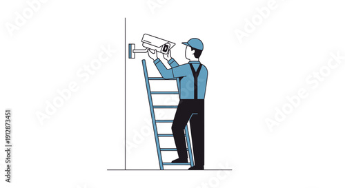 Technician Installing Security Camera on Ladder