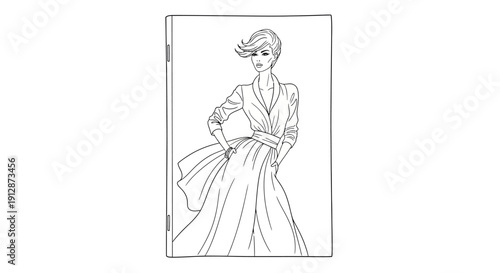 Elegant fashion illustration showcasing a stylish woman in a full-length gown and modern hairstyle