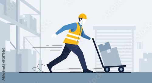 Warehouse worker pushing a trolley with boxes, fast delivery, logistics concept
