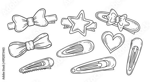 Hand-Drawn Hair Accessories Line Art Illustration of Bows, Stars, Hearts, and Clips for Fashion