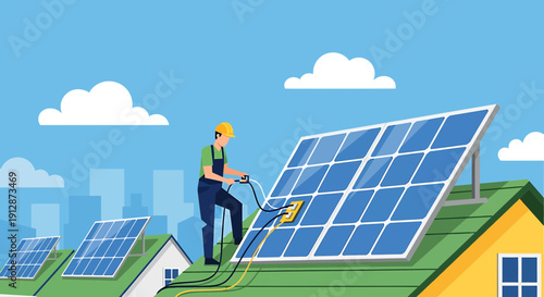 Worker Installing Solar Panels on Rooftop for Renewable Energy