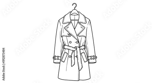 Elegant double breasted trench coat on a hanger fashion sketch illustration