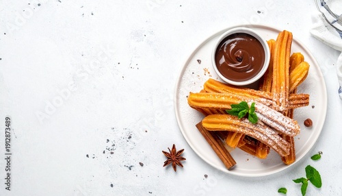 Traditional spanish dessert churros, fried dough pastry dusted with powdered sugar and chocolate sause on white background. Street food, sweet snack, homemade dessert. Top view, copy space