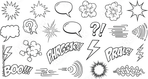Comic book speech bubbles sound effects and splash elements set, cad drawing flat vector illustration