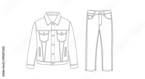 Fashion illustration showcasing a denim jacket and jeans design technical drawing style