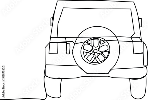 Continuous Line Drawing of an Off Road SUV Rear View. Minimalist One Line Art of 4x4 Jeep with Spare Tire. Hand Drawn Adventure and Travel Concept Outline.